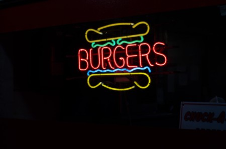 burgers, neon sign